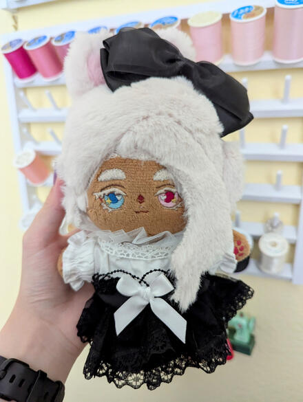 photo of the artist holding a plush nuigurumi or doll of Galle.